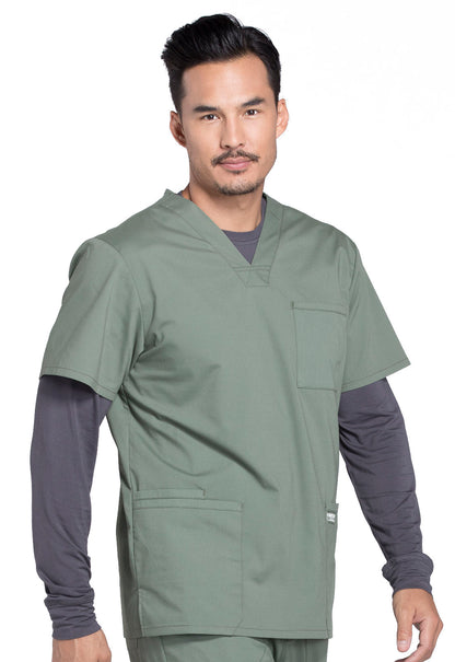 Professionals WW695 Men's V-Neck Top Olive Model Image Left Side | Cherokee Workwear