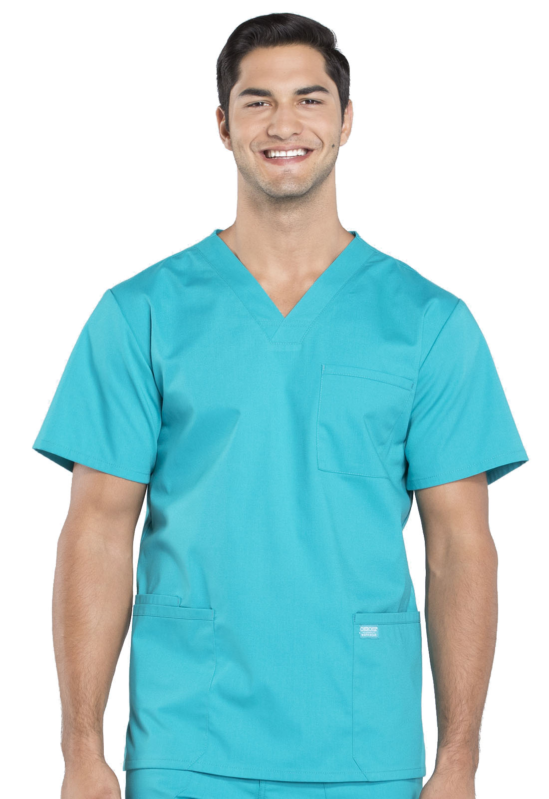 Professionals WW695 Men's V-Neck Top Teal Blue Model Image Front | Cherokee Workwear