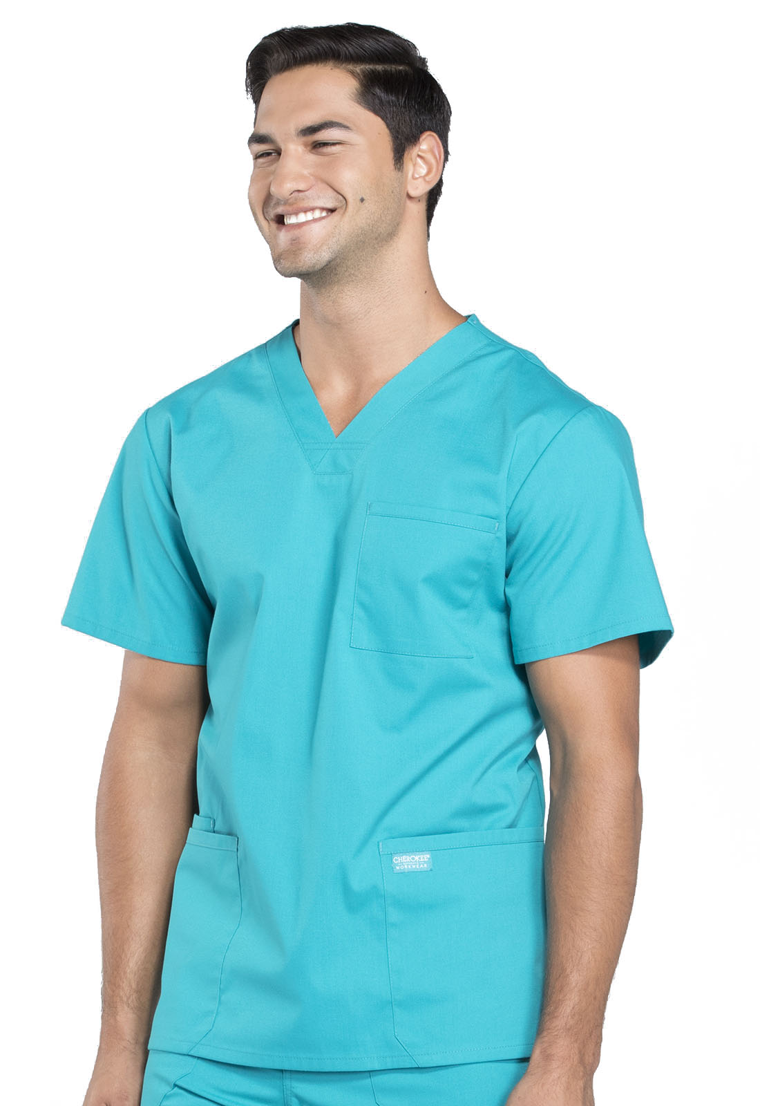 Professionals WW695 Men's V-Neck Top Teal Blue Model Image Right Side | Cherokee Workwear