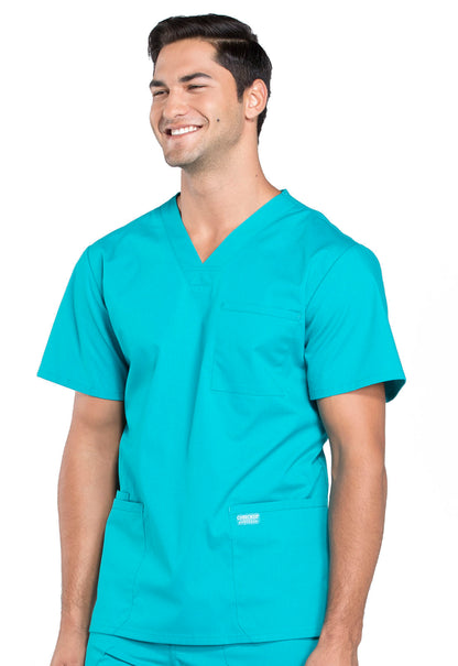 Professionals WW695 Men's V-Neck Top Teal Blue Model Image Right Side | Cherokee Workwear