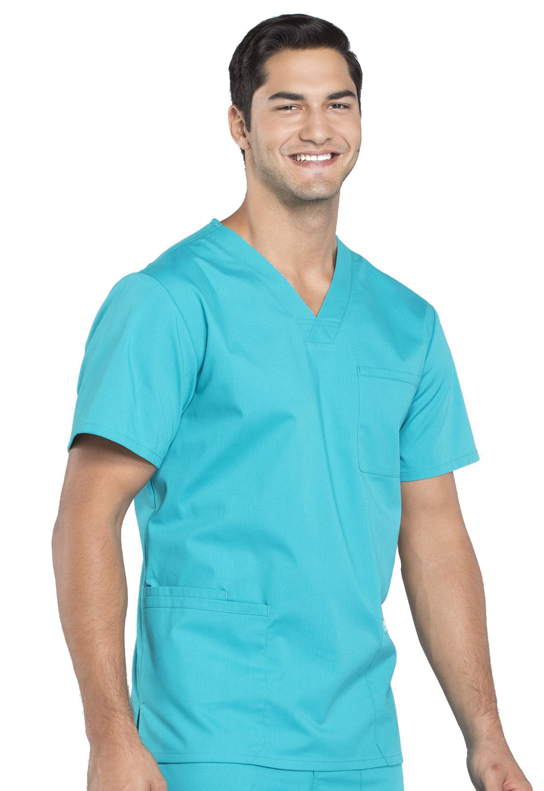 Professionals WW695 Men's V-Neck Top Teal Blue Model Image Left Side | Cherokee Workwear