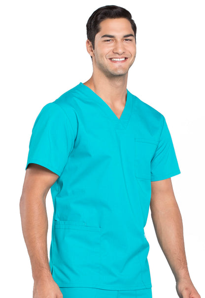 Professionals WW695 Men's V-Neck Top Teal Blue Model Image Left Side | Cherokee Workwear