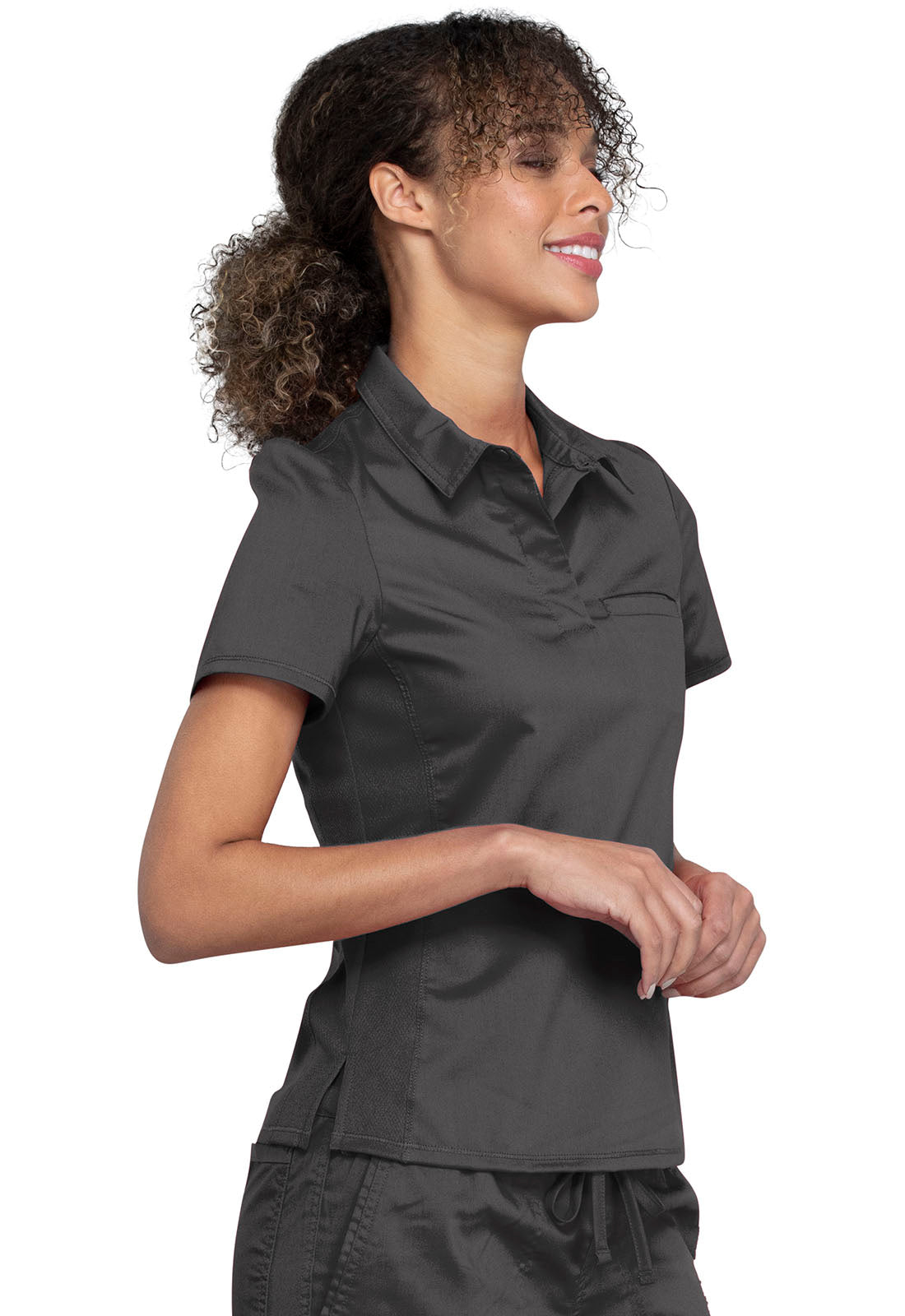 Revolution WW698 Tuckable Snap Front Polo Shirt Pewter Model Image Left Side | Cherokee Workwear