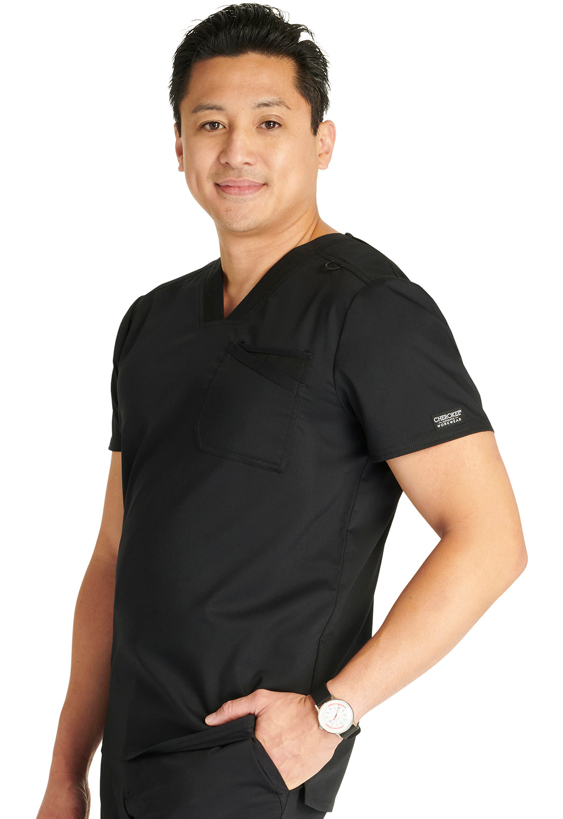 Revolution WW751 Men's V-Neck Top Black Model Image Right Side | Cherokee Workwear