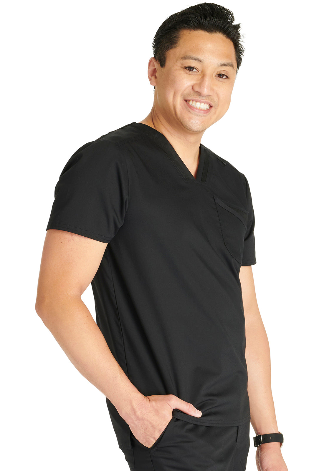 Revolution WW751 Men's V-Neck Top Black Model Image Left Side | Cherokee Workwear