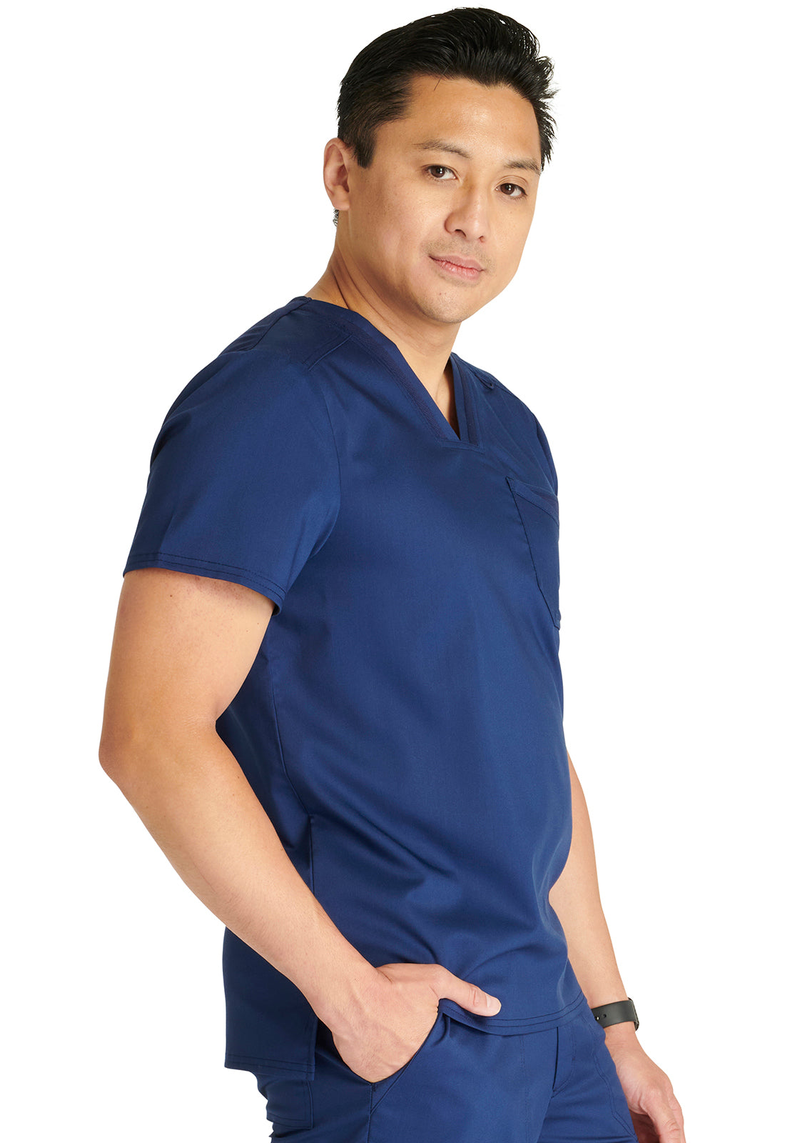 Revolution WW751 Men's V-Neck Top Navy Model Image Left Side | Cherokee Workwear