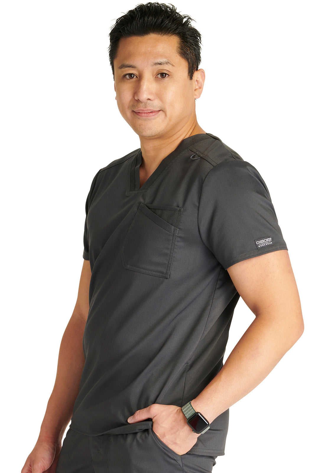 Revolution WW751 Men's V-Neck Top Pewter Model Image Right Side | Cherokee Workwear