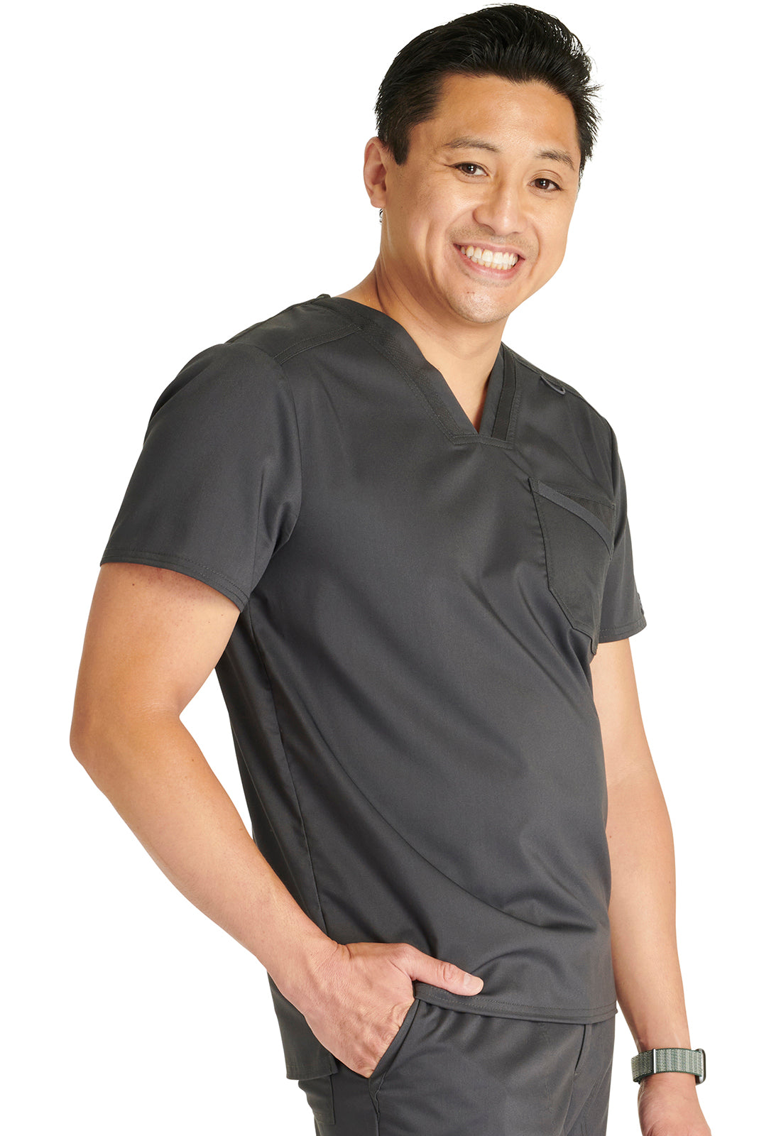 Revolution WW751 Men's V-Neck Top Pewter Model Image Left Side | Cherokee Workwear