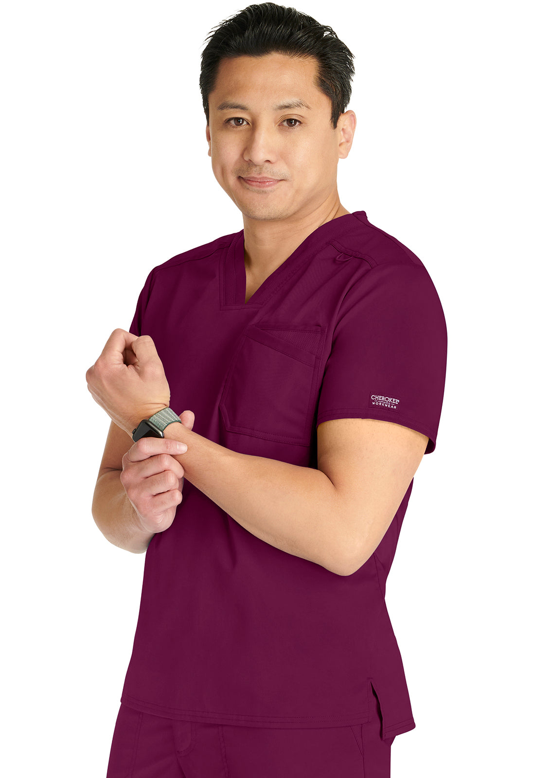 Revolution WW751 Men's V-Neck Top Wine Model Image Right Side | Cherokee Workwear