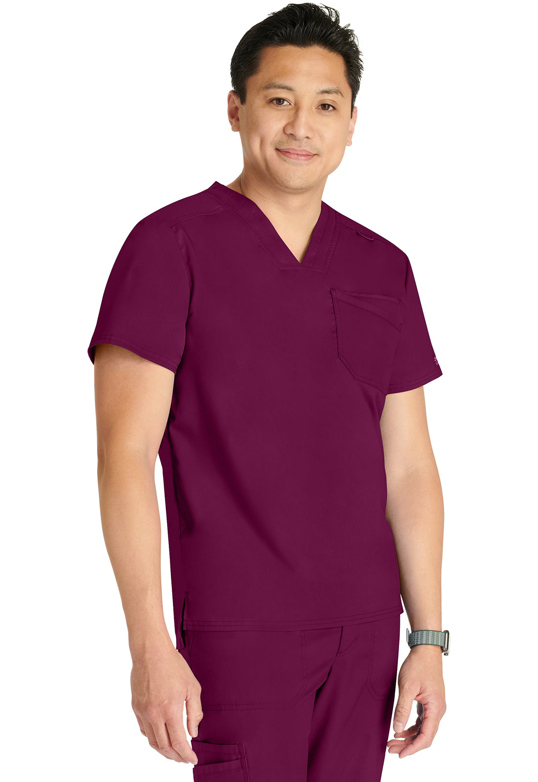 Revolution WW751 Men's V-Neck Top Wine Model Image Left Side | Cherokee Workwear