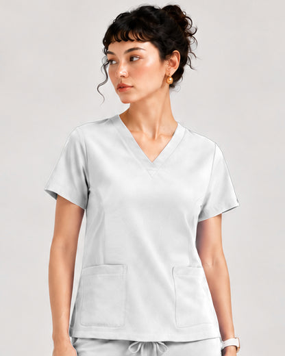 Foundry Women's 1005 Quinn 2 Pocket V-Neck Top White