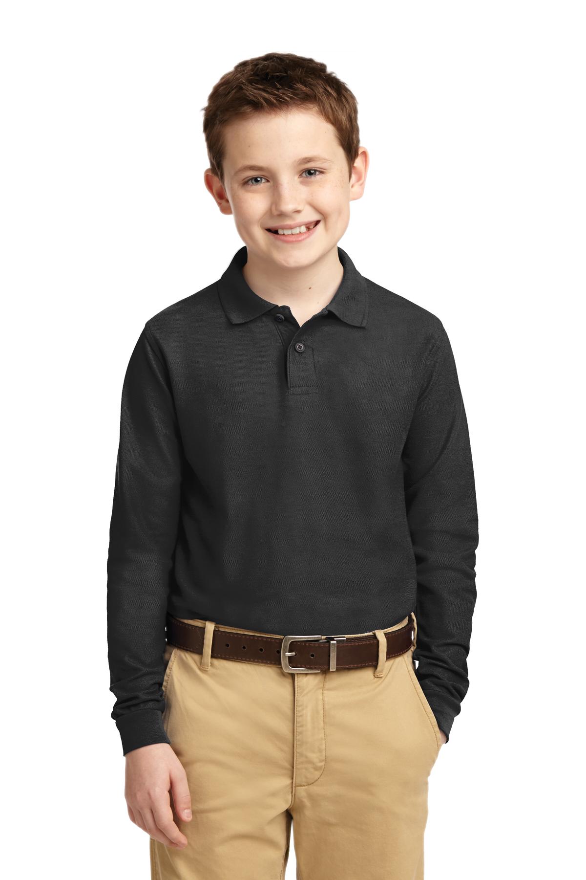 Port Authority Youth Long Sleeve Silk Touch Polo.  Y500LS Black
