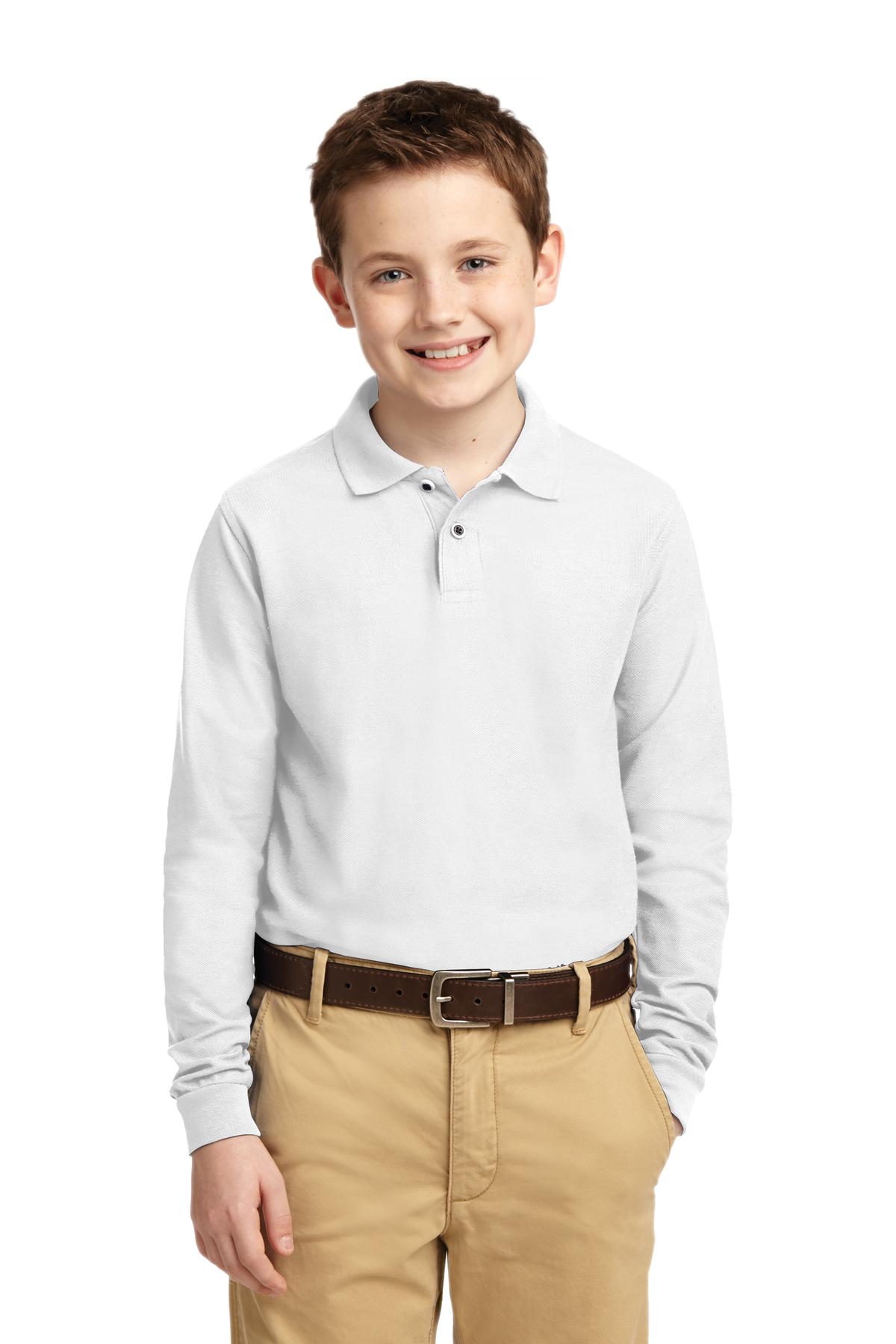Port Authority Youth Long Sleeve Silk Touch Polo.  Y500LS White