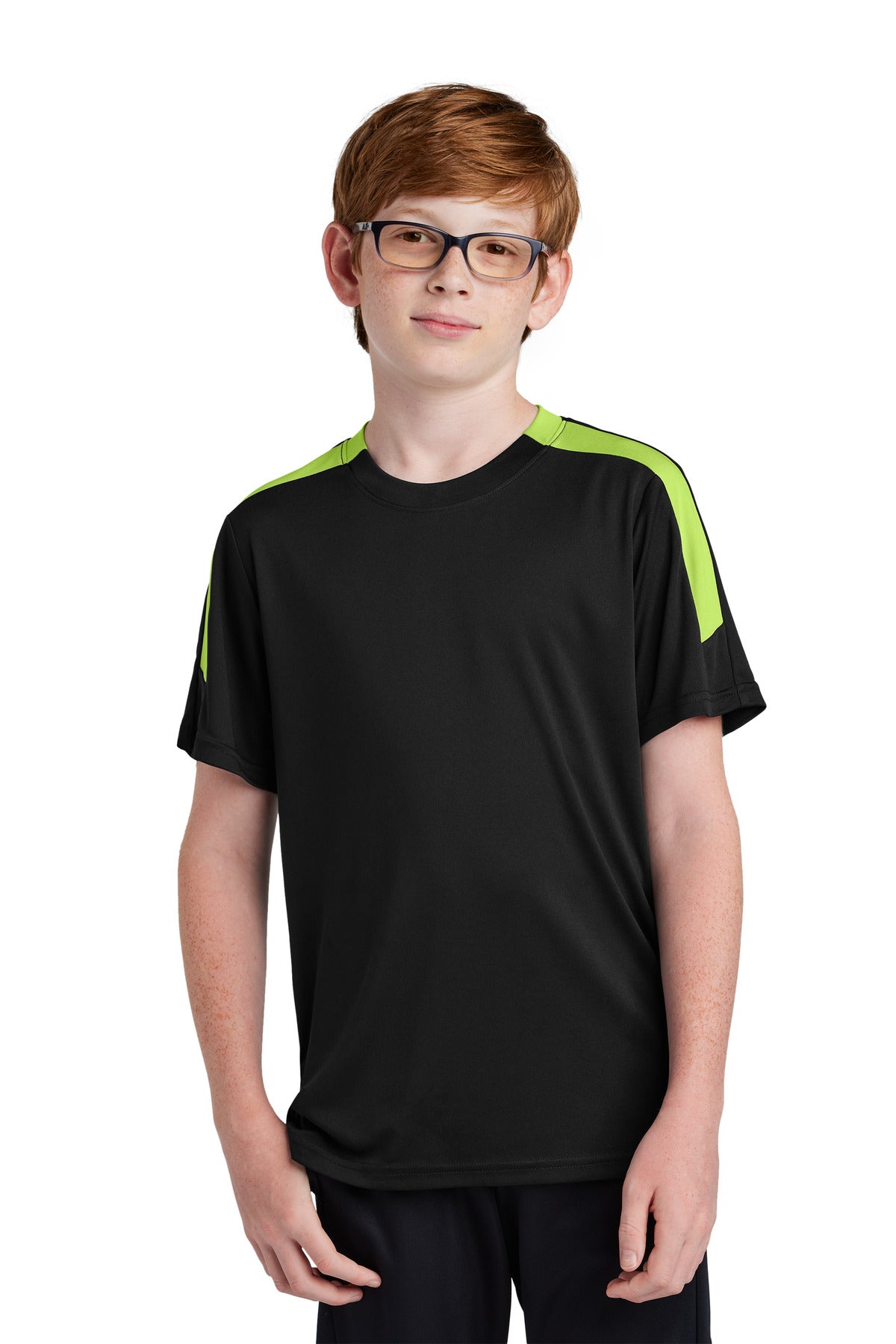 Sport-Tek Youth Competitor United Crew YST100 Black/ Lime Shock