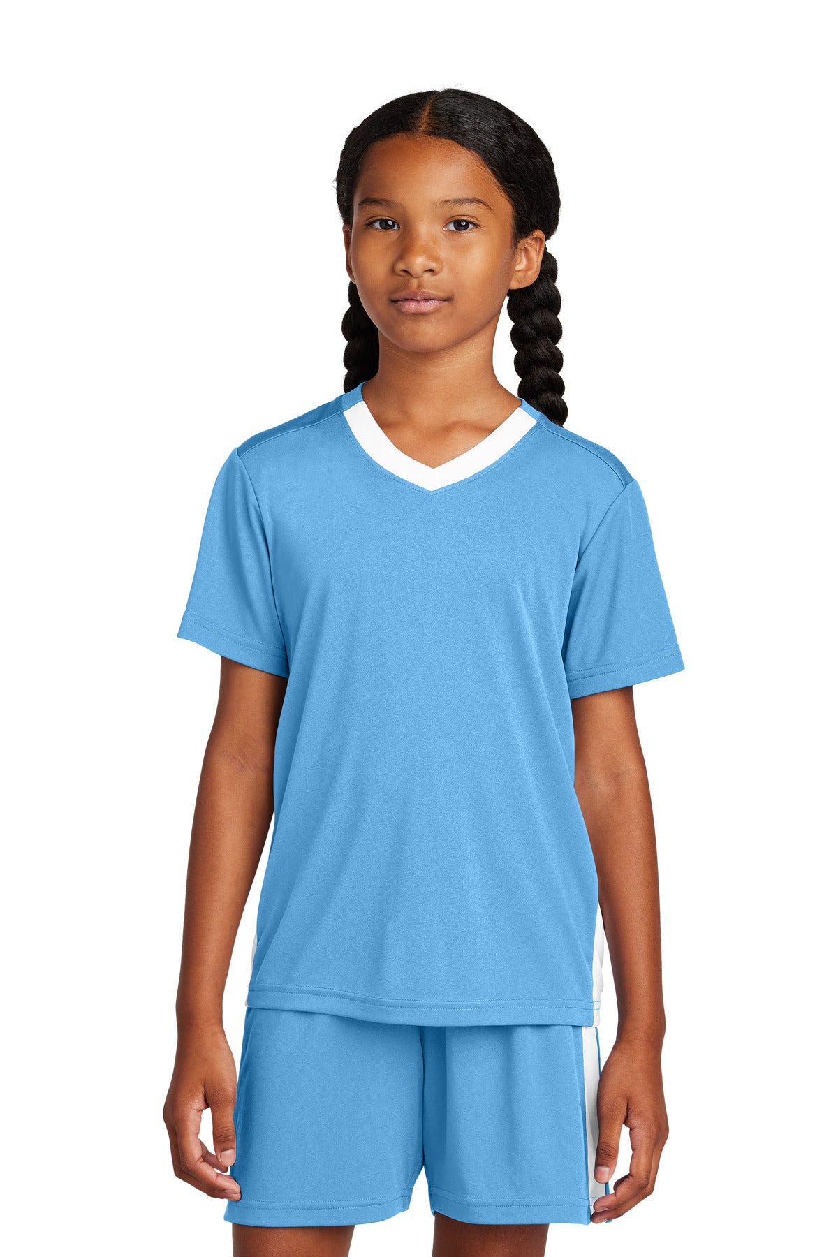 Sport-Tek Youth Competitor United V-Neck YST101 Carolina Blue/ White