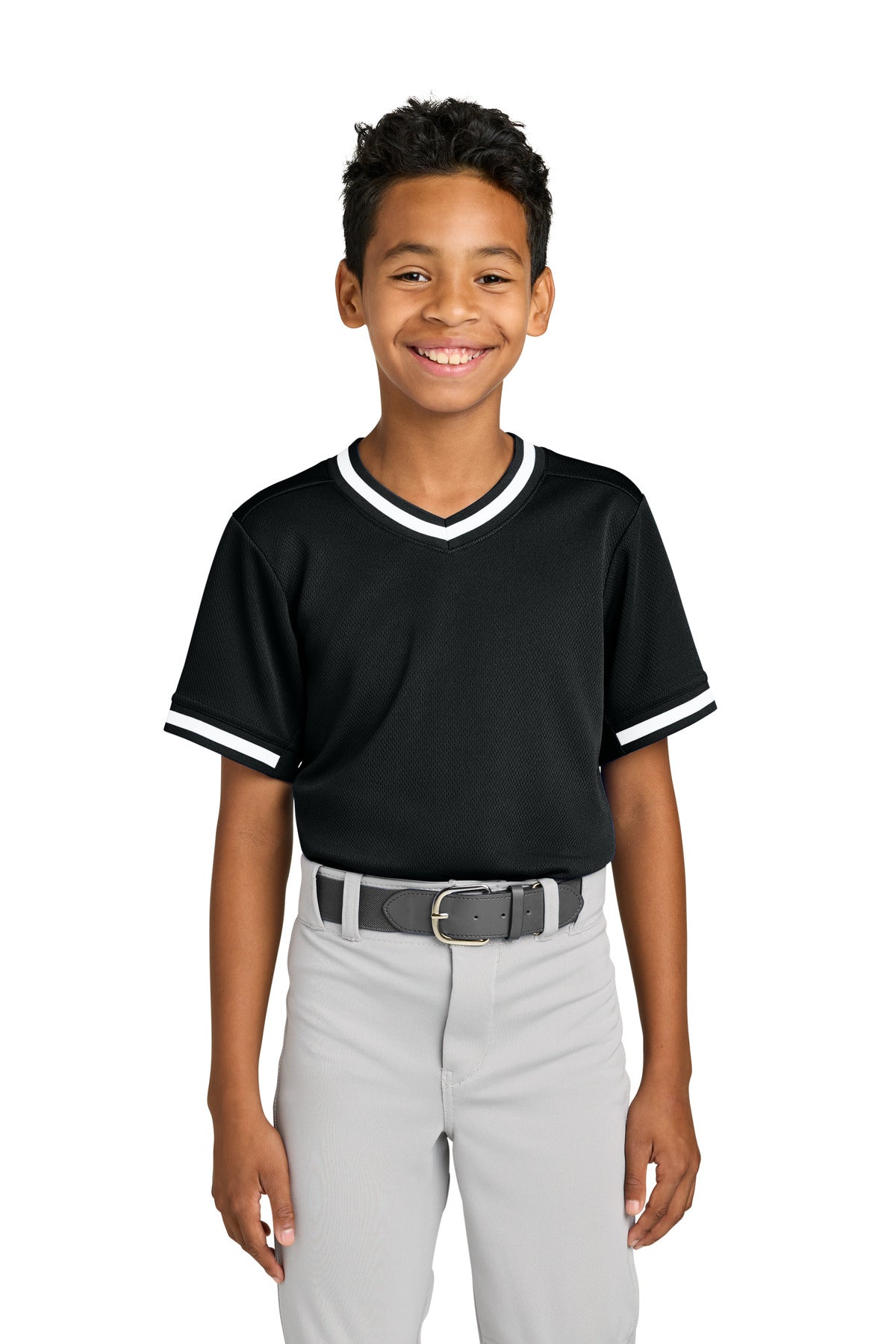 Sport-Tek Youth Tough Mesh V-Neck Baseball Jersey YST221 Black