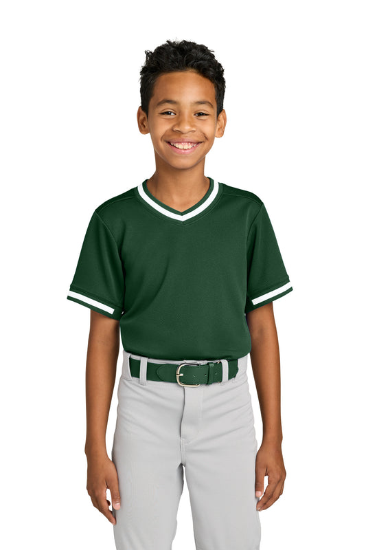 Sport-Tek Youth Tough Mesh V-Neck Baseball Jersey YST221 Forest Green