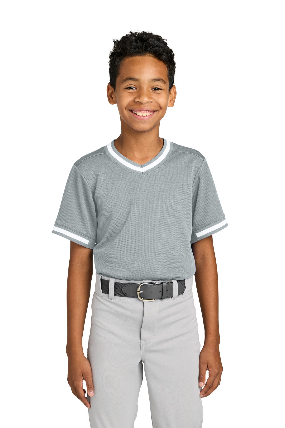 Sport-Tek Youth Tough Mesh V-Neck Baseball Jersey YST221 Silver