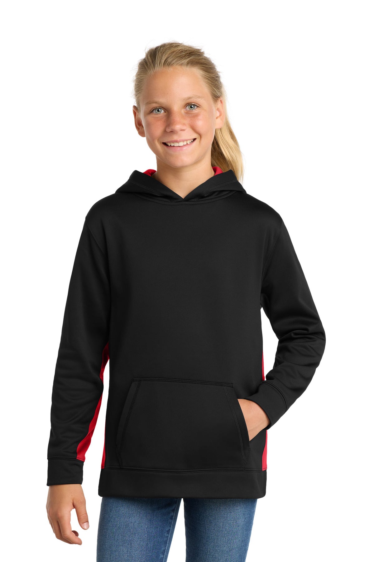 Sport-Tek Youth Sport-Wick Fleece Colorblock Hooded Pullover YST235 Black/ Deep Red