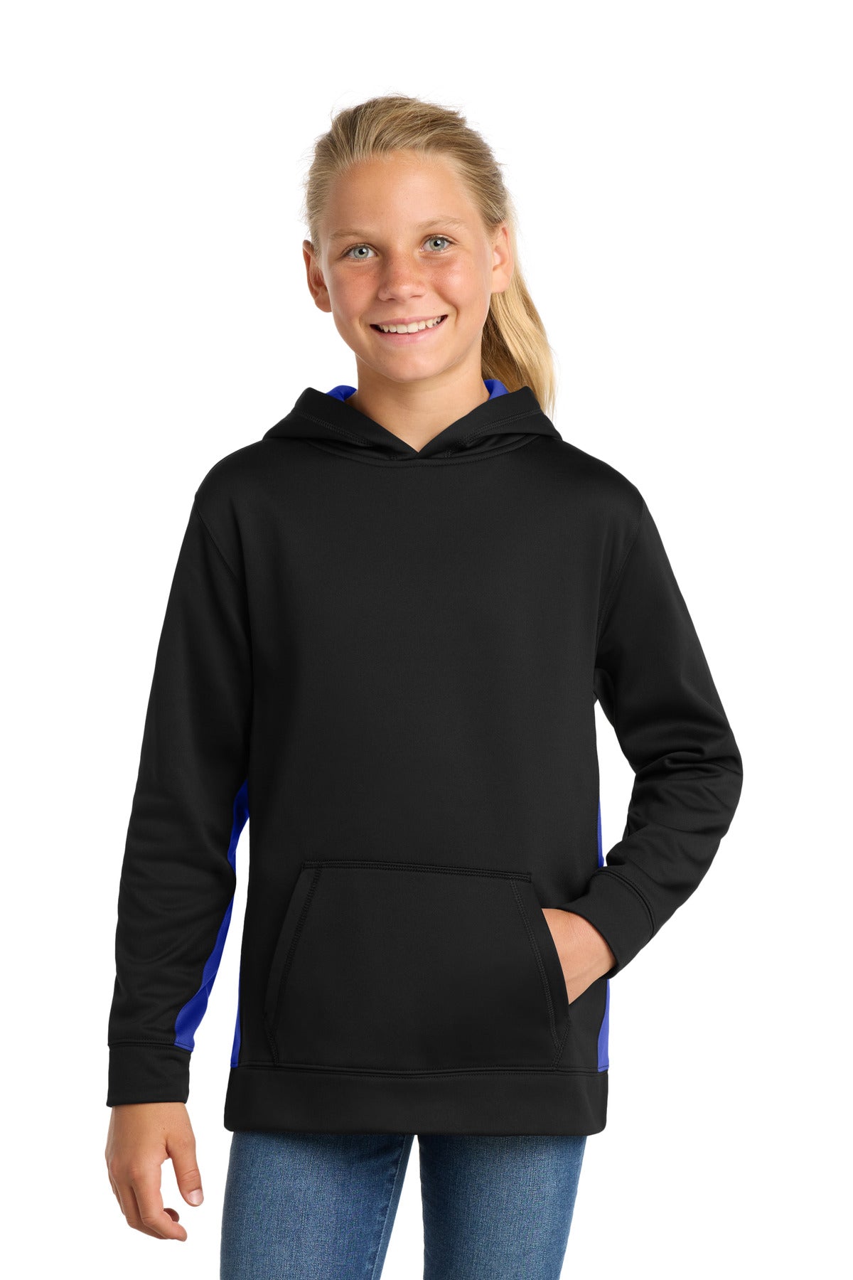 Sport-Tek Youth Sport-Wick Fleece Colorblock Hooded Pullover YST235 Black/ True Royal