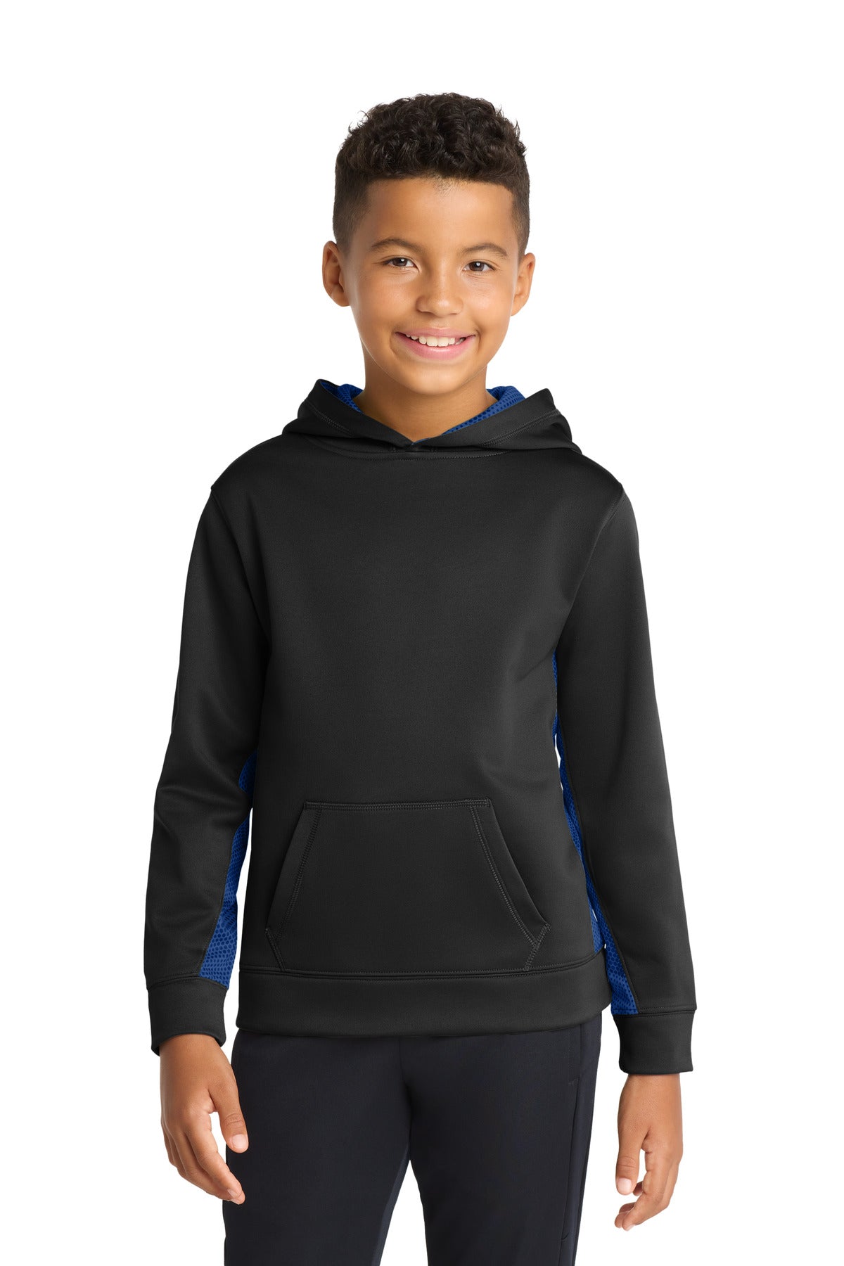 Sport-Tek Youth Sport-Wick CamoHex Fleece Colorblock Hooded Pullover YST239 Black/ True Royal