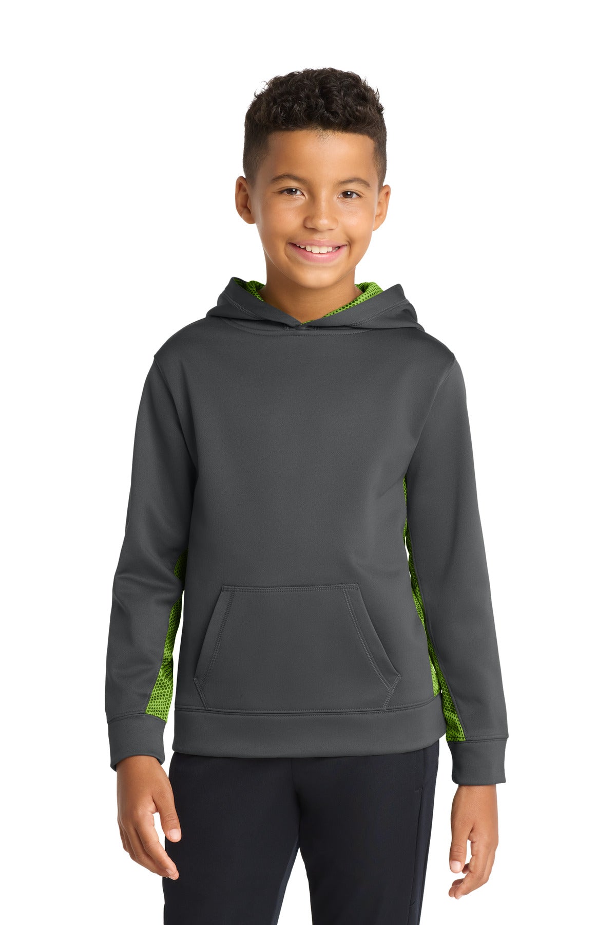 Sport-Tek Youth Sport-Wick CamoHex Fleece Colorblock Hooded Pullover YST239 Dark Smoke Grey/ Lime Shock