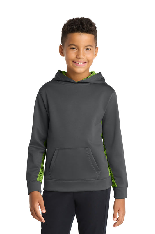 Sport-Tek Youth Sport-Wick CamoHex Fleece Colorblock Hooded Pullover YST239 Dark Smoke Grey/ Lime Shock