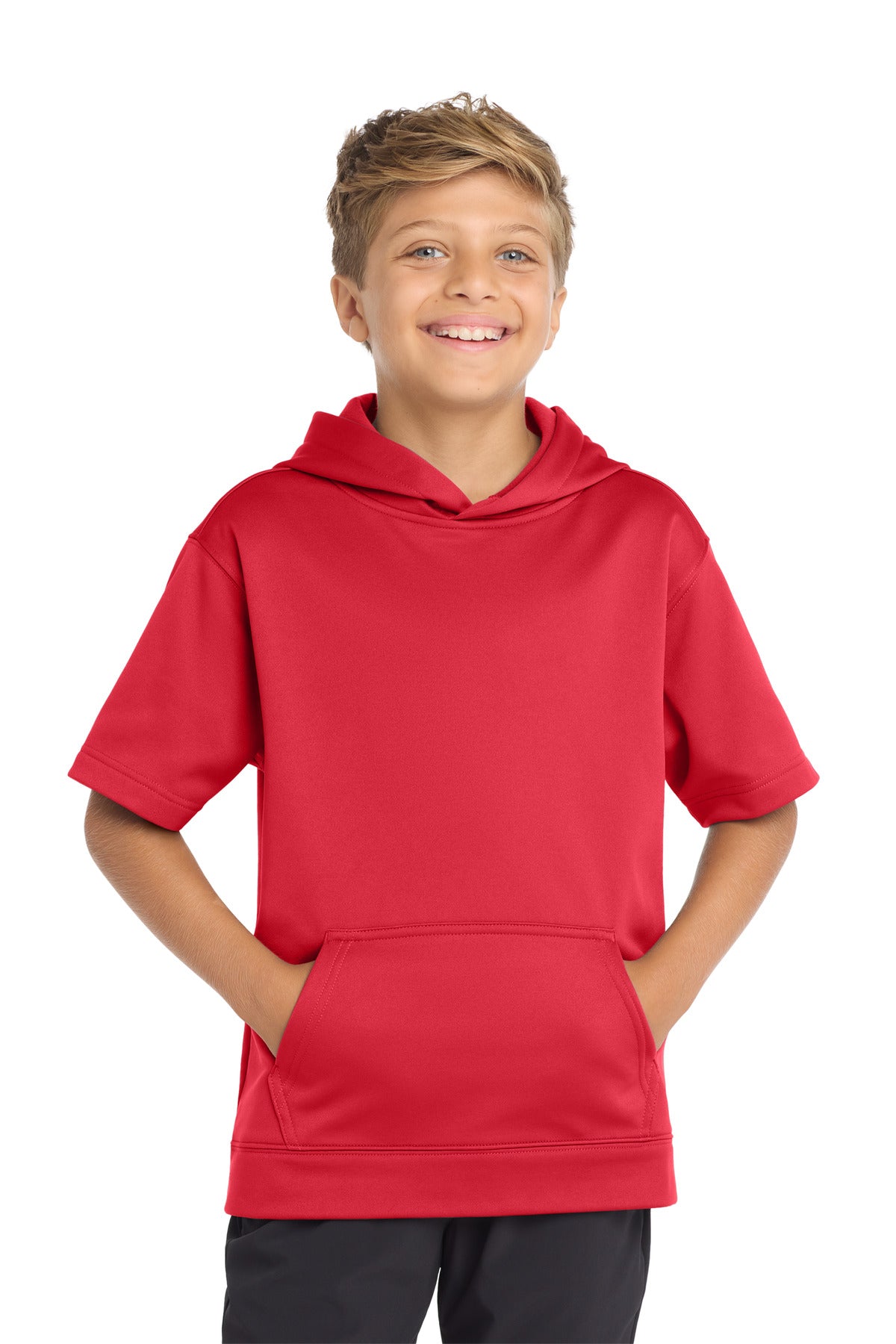 Sport-Tek Youth Sport-Wick Fleece Short Sleeve Hooded Pullover. YST251 Deep Red