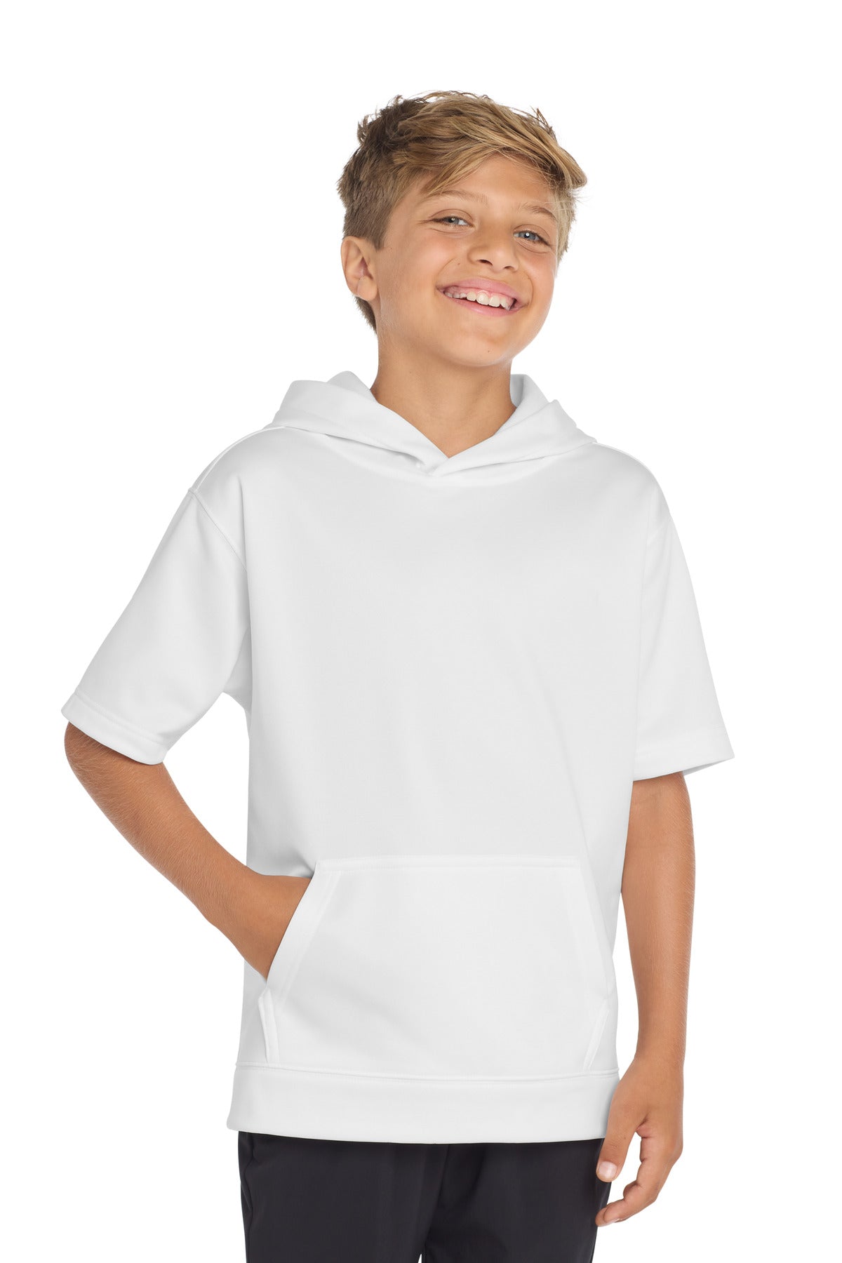 Sport-Tek Youth Sport-Wick Fleece Short Sleeve Hooded Pullover. YST251 White