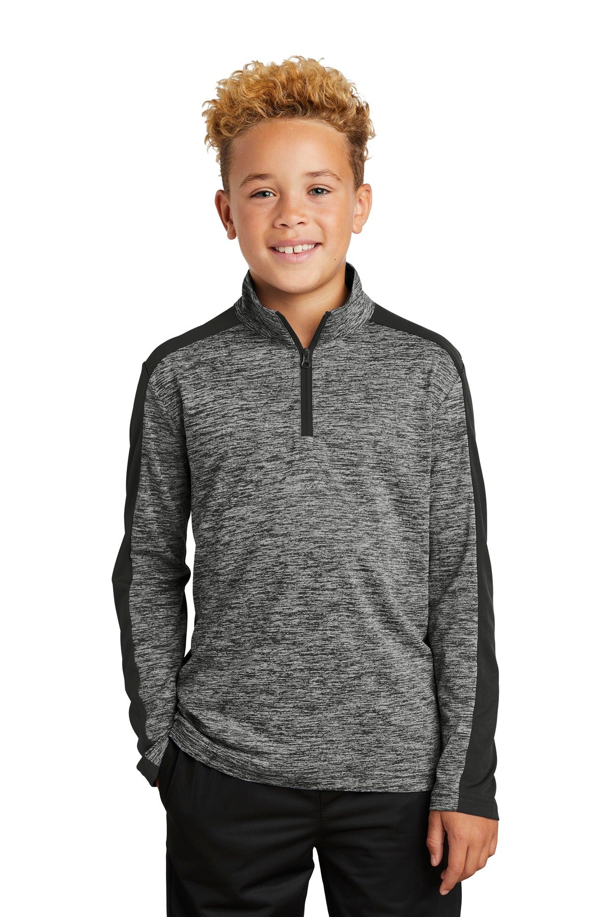 Sport-Tek  Youth PosiCharge  Electric Heather Colorblock 1/4-Zip Pullover. YST397 Black Electric/ Black