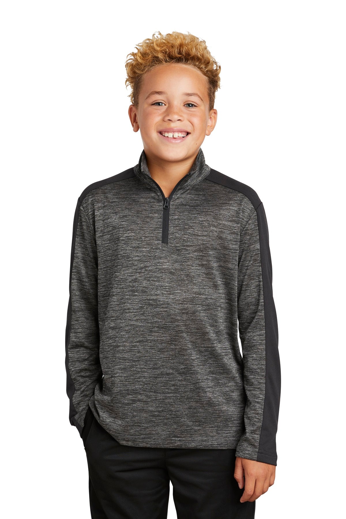 Sport-Tek  Youth PosiCharge  Electric Heather Colorblock 1/4-Zip Pullover. YST397 Grey-Black Electric/ Black