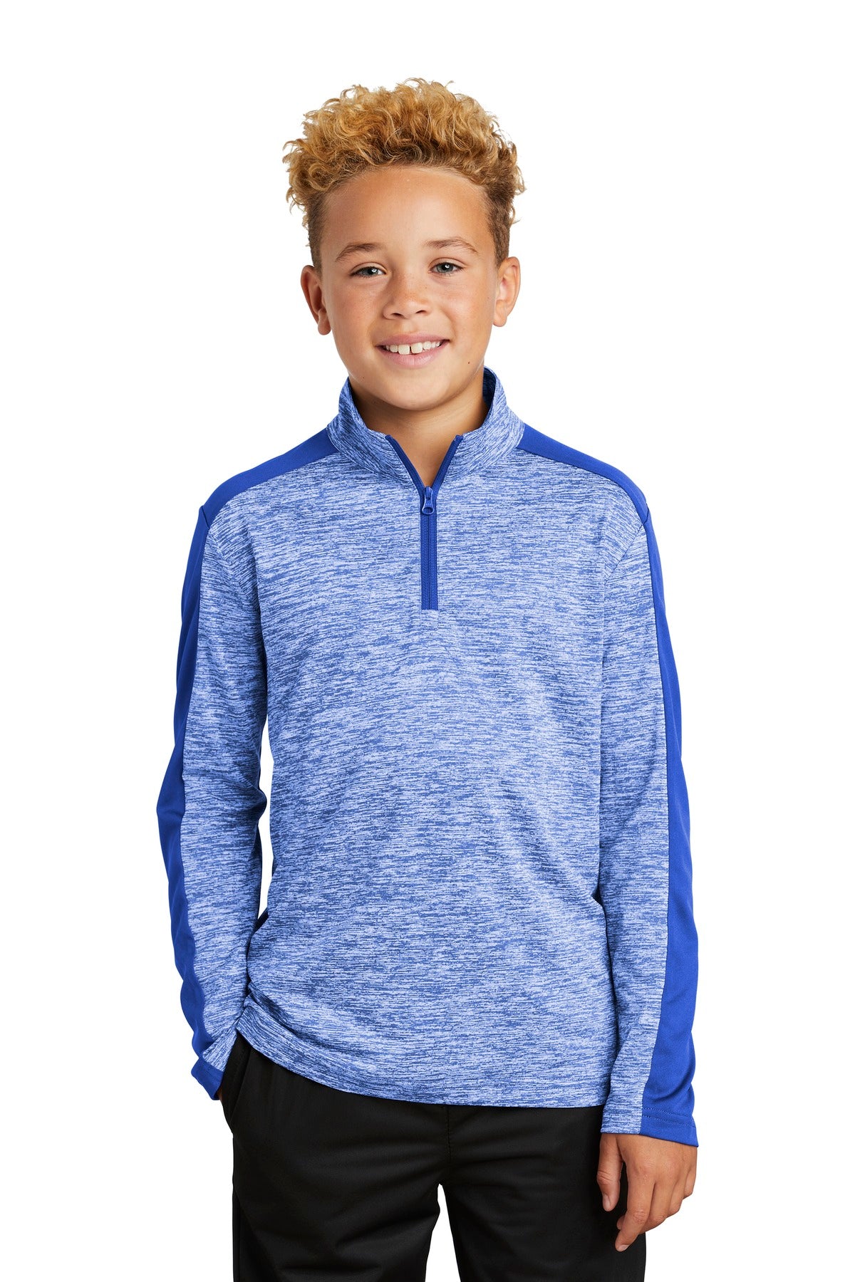 Sport-Tek  Youth PosiCharge  Electric Heather Colorblock 1/4-Zip Pullover. YST397 True Royal Electric/ True Royal