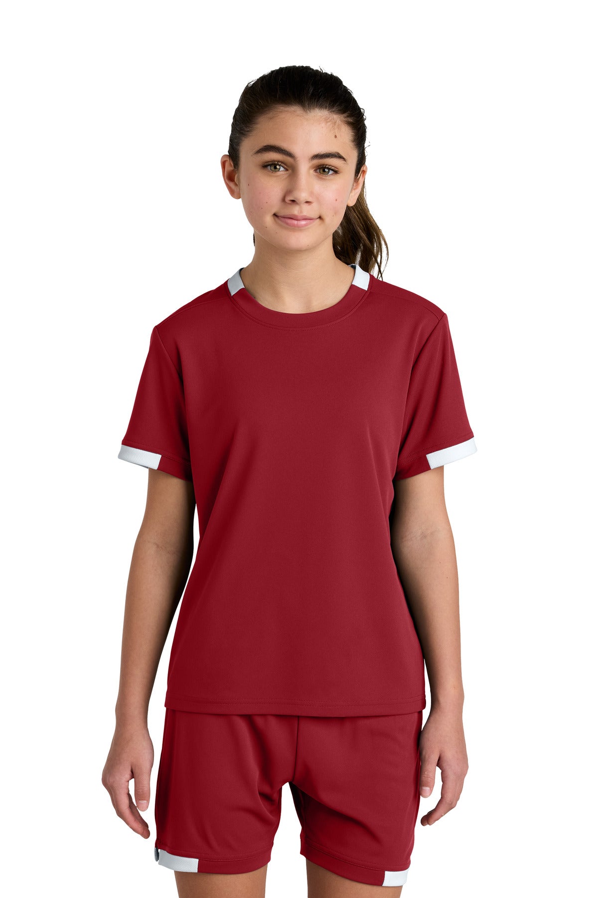 Sport-Tek Youth Club Short Sleeve Crew YST440 Deep Red/ White