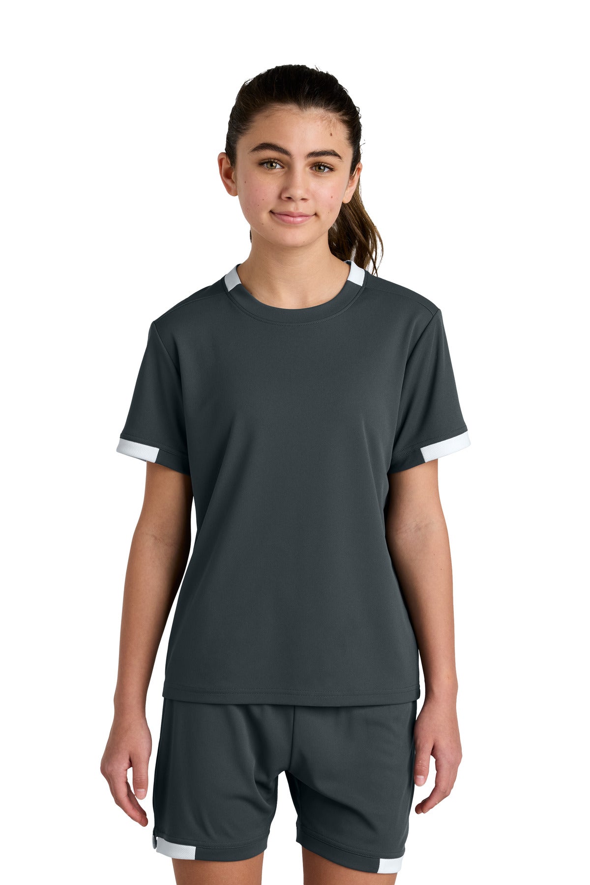 Sport-Tek Youth Club Short Sleeve Crew YST440 Iron Grey/ White