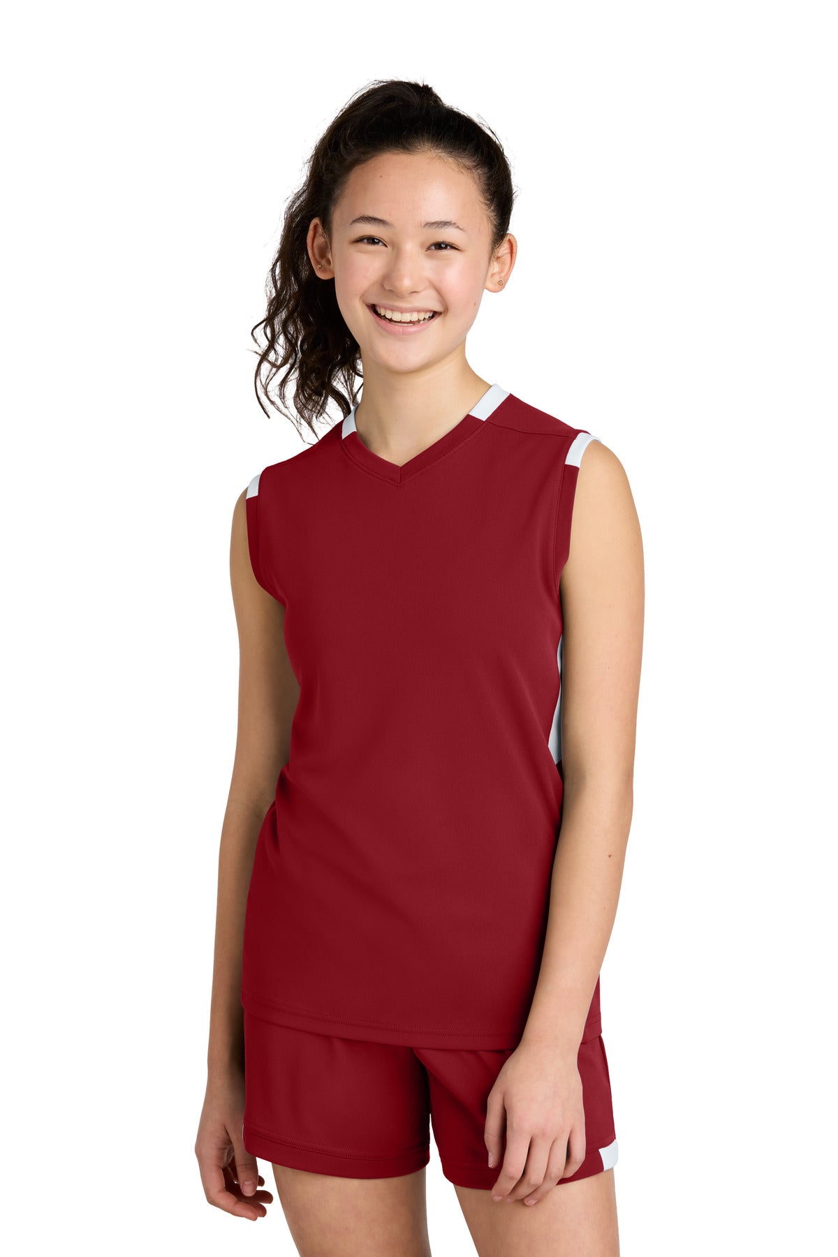 Sport-Tek Youth Club Sleeveless V-Neck YST441 Deep Red/ White