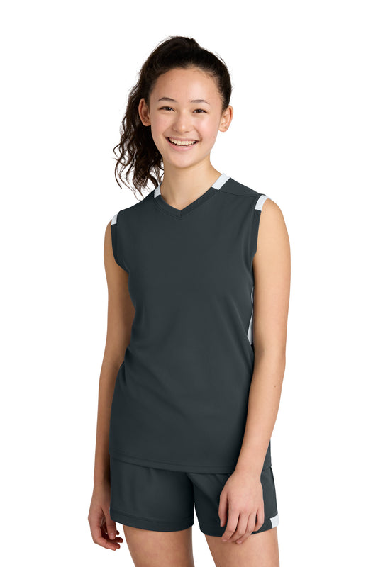 Sport-Tek Youth Club Sleeveless V-Neck YST441 Iron Grey/ White