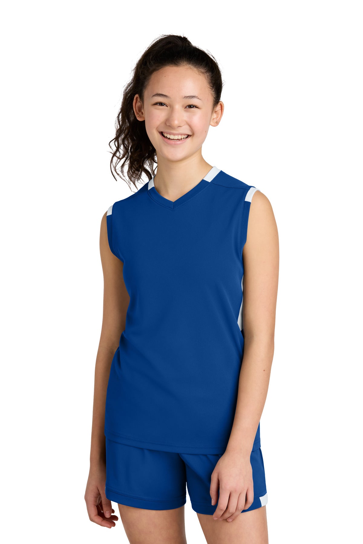 Sport-Tek Youth Club Sleeveless V-Neck YST441 True Royal/ White
