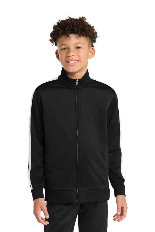 Sport-Tek Youth Tricot Sleeve Stripe Track Jacket YST94 Black/ White