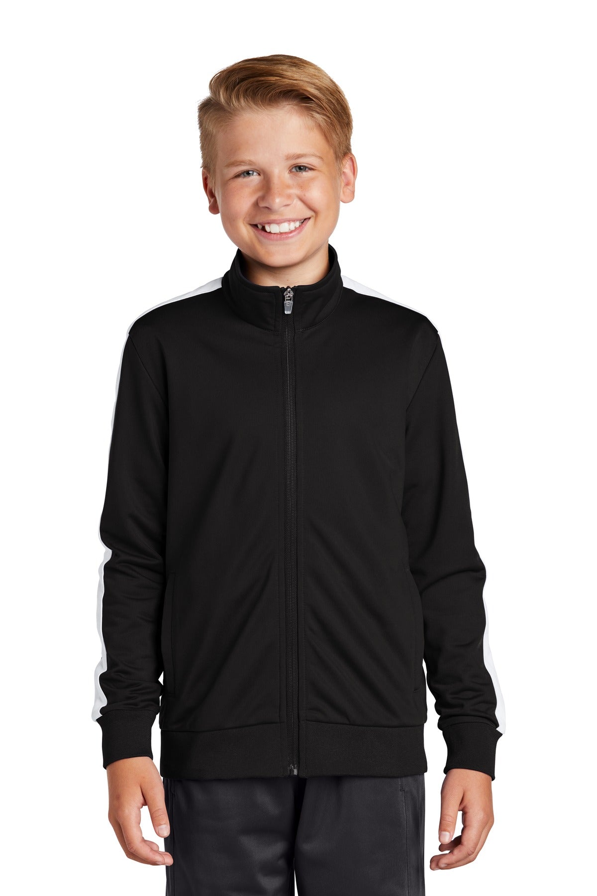 Sport-Tek  Youth Tricot Sleeve Stripe Track Jacket. YST94 Black/ White