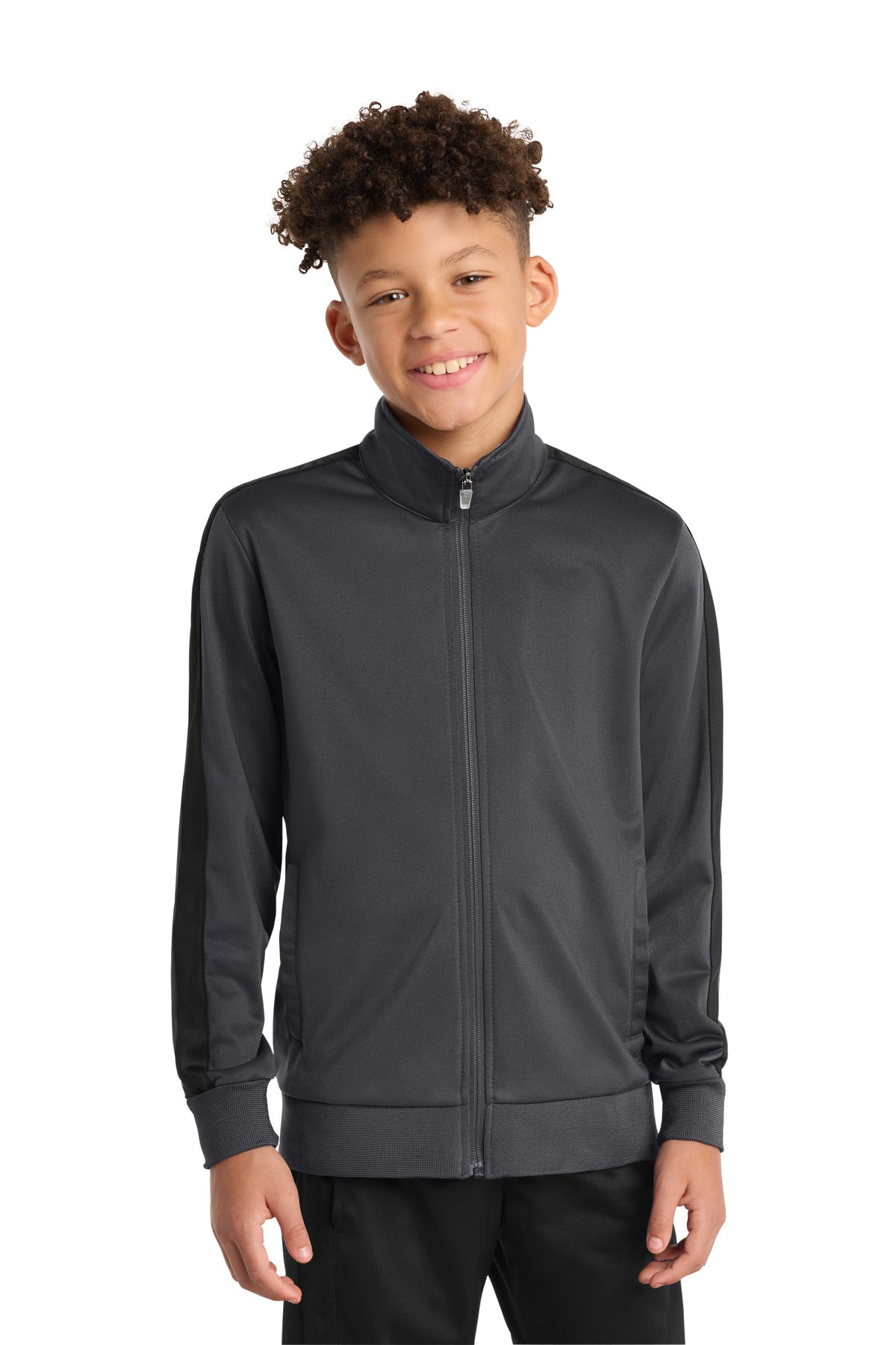 Sport-Tek Youth Tricot Sleeve Stripe Track Jacket YST94 Graphite/ Black
