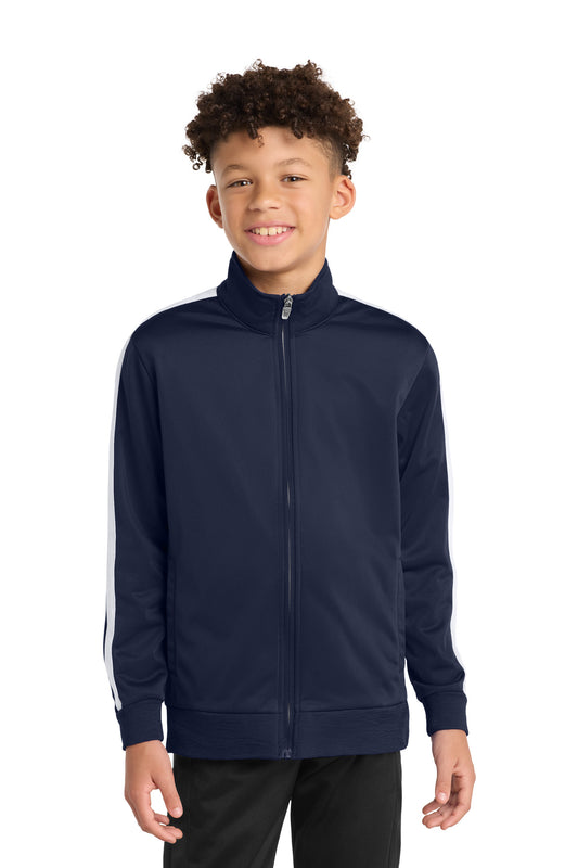 Sport-Tek Youth Tricot Sleeve Stripe Track Jacket YST94 True Navy/ White