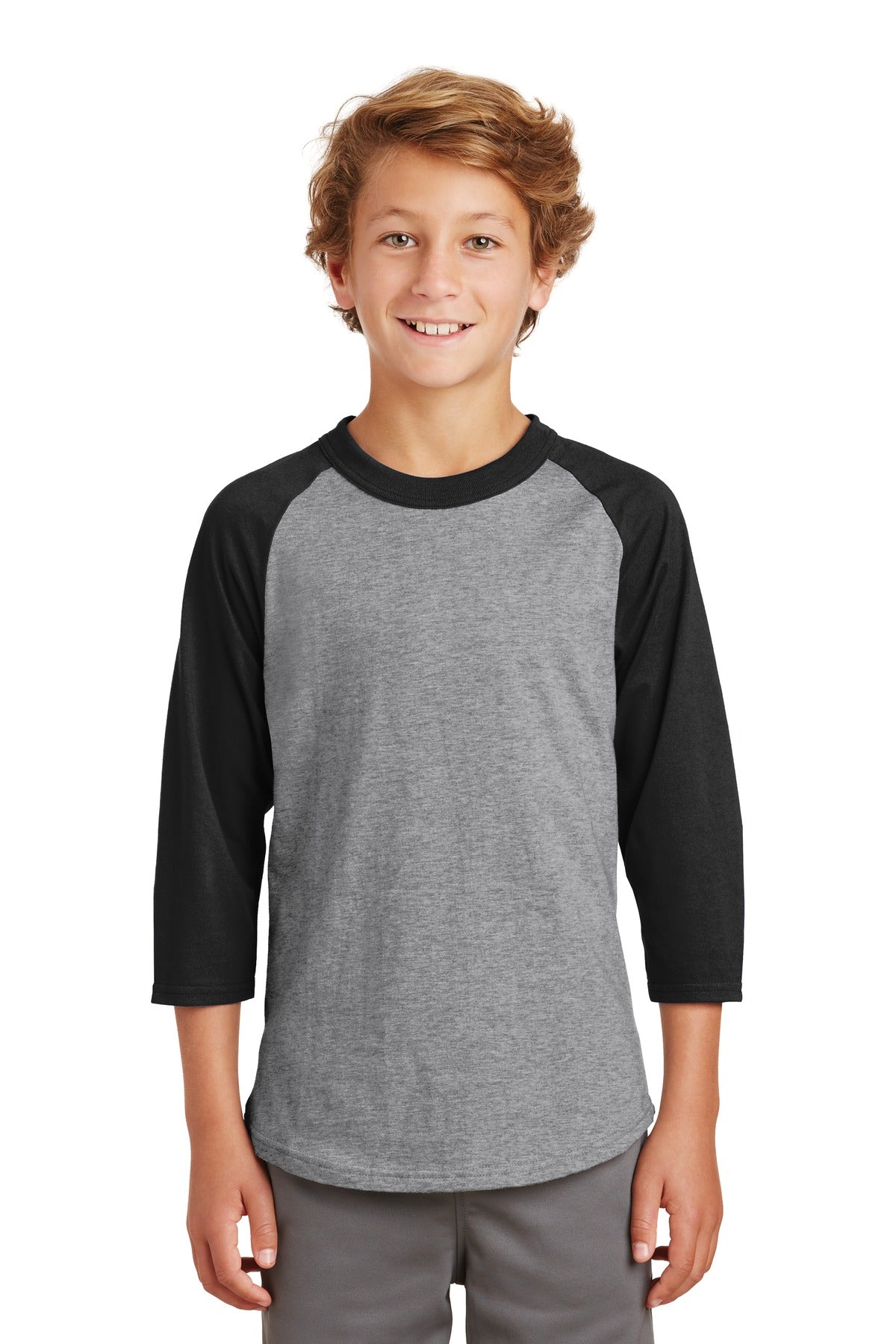 Sport-Tek Youth Colorblock Raglan Jersey.  YT200 Heather Grey/ Black