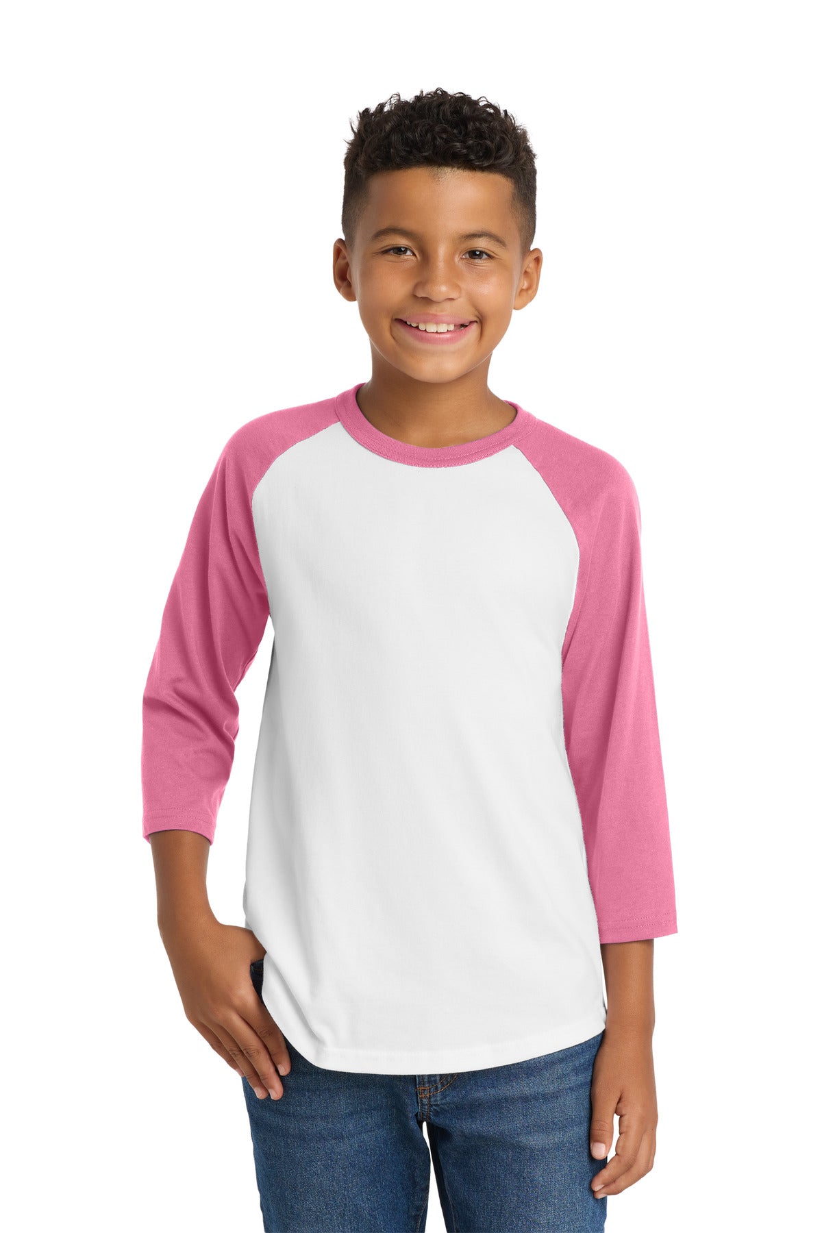 Sport-Tek Youth Colorblock Raglan Jersey YT200 White/ Bright Pink