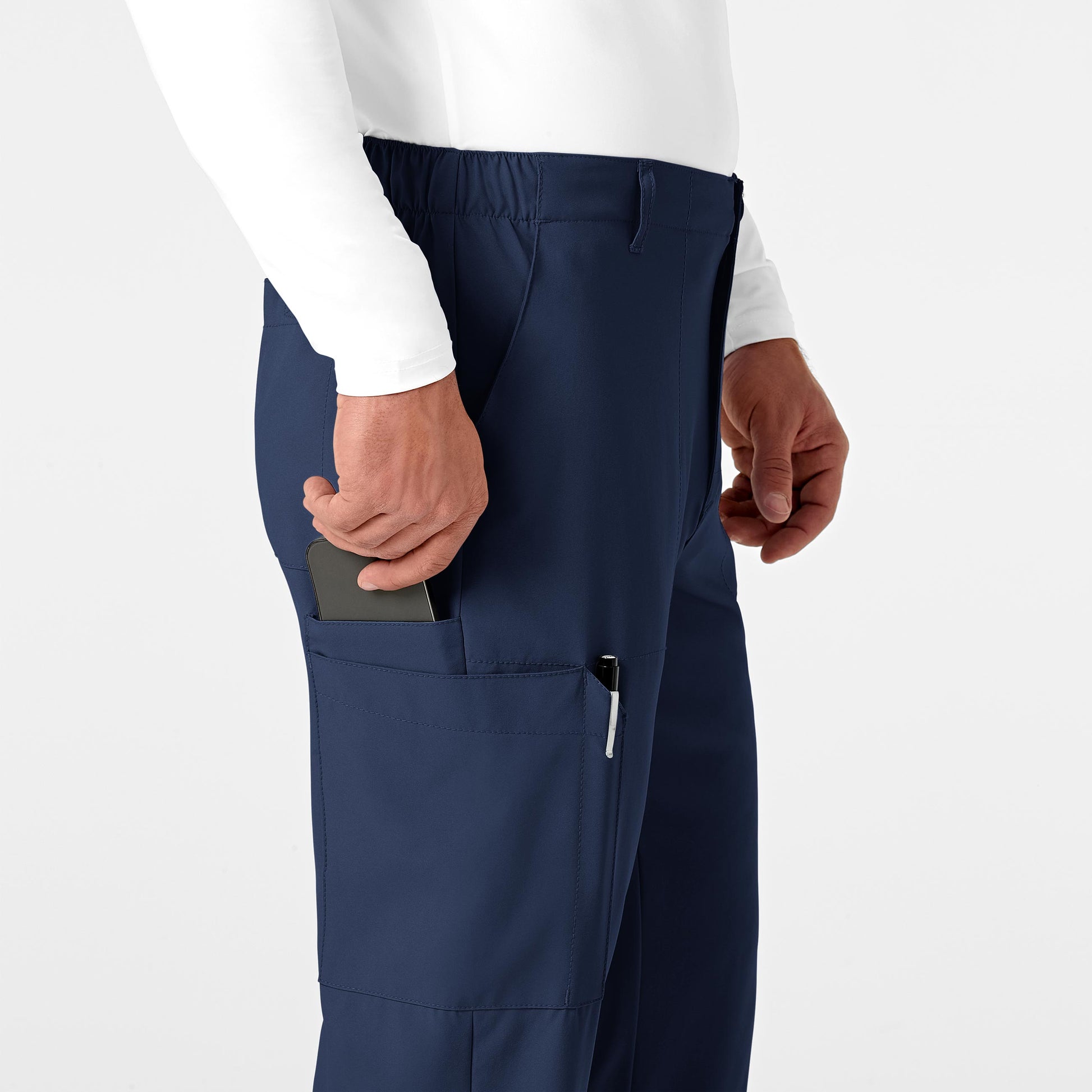 W123 5355 Men's Flat Front Cargo Scrub Pants Navy Model Image Alternate | Wink