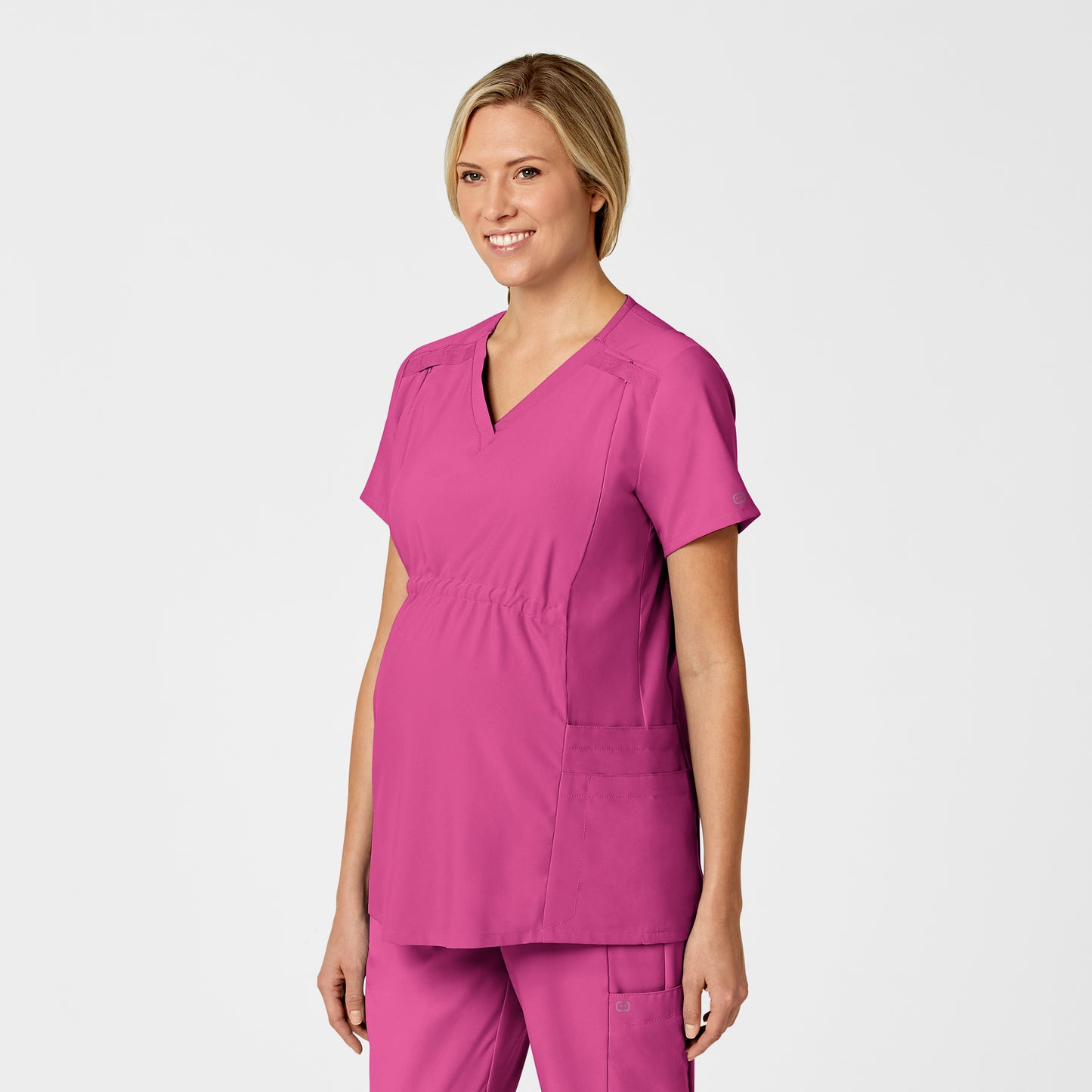 W123 4555 Maternity V-Neck Scrub Top Hot Pink Model Image Right Side | Wink