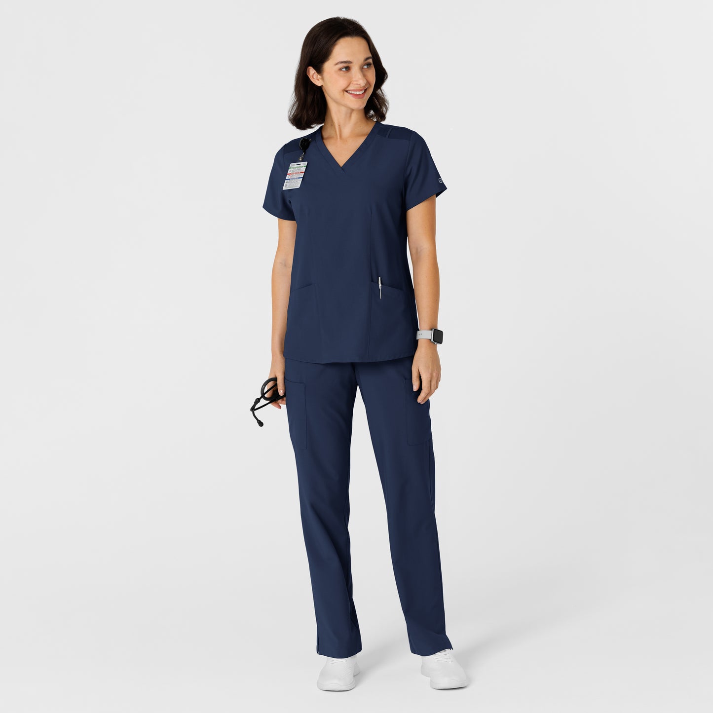 W123 6145 Flex-n-Reach Side Panel V-Neck Scrub Top Navy Model Image Alternate | Wink