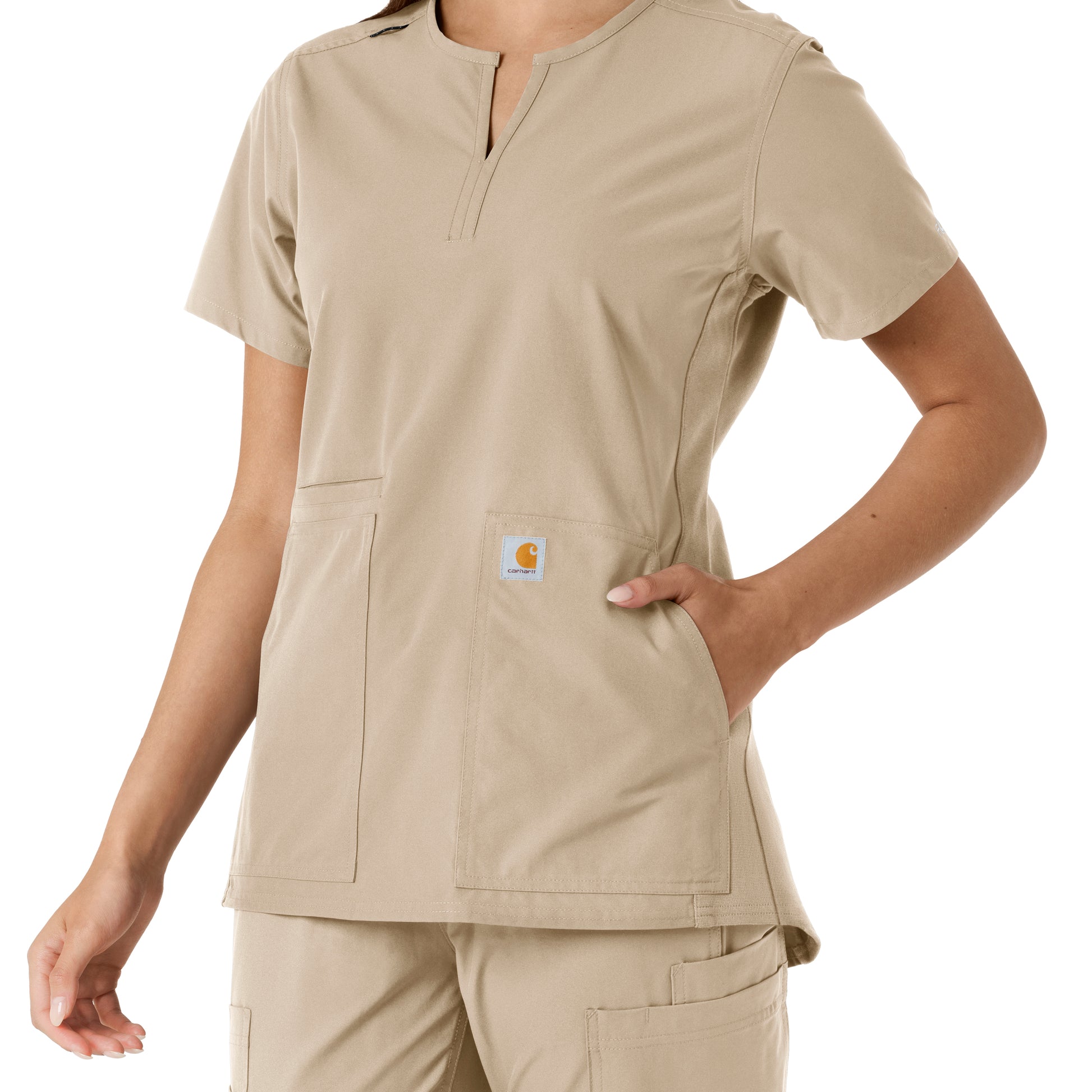 Force Essentials C12413 Notch Neck Tunic Knit Panel Scrub Top Khaki Model Image Alternate | Carhartt