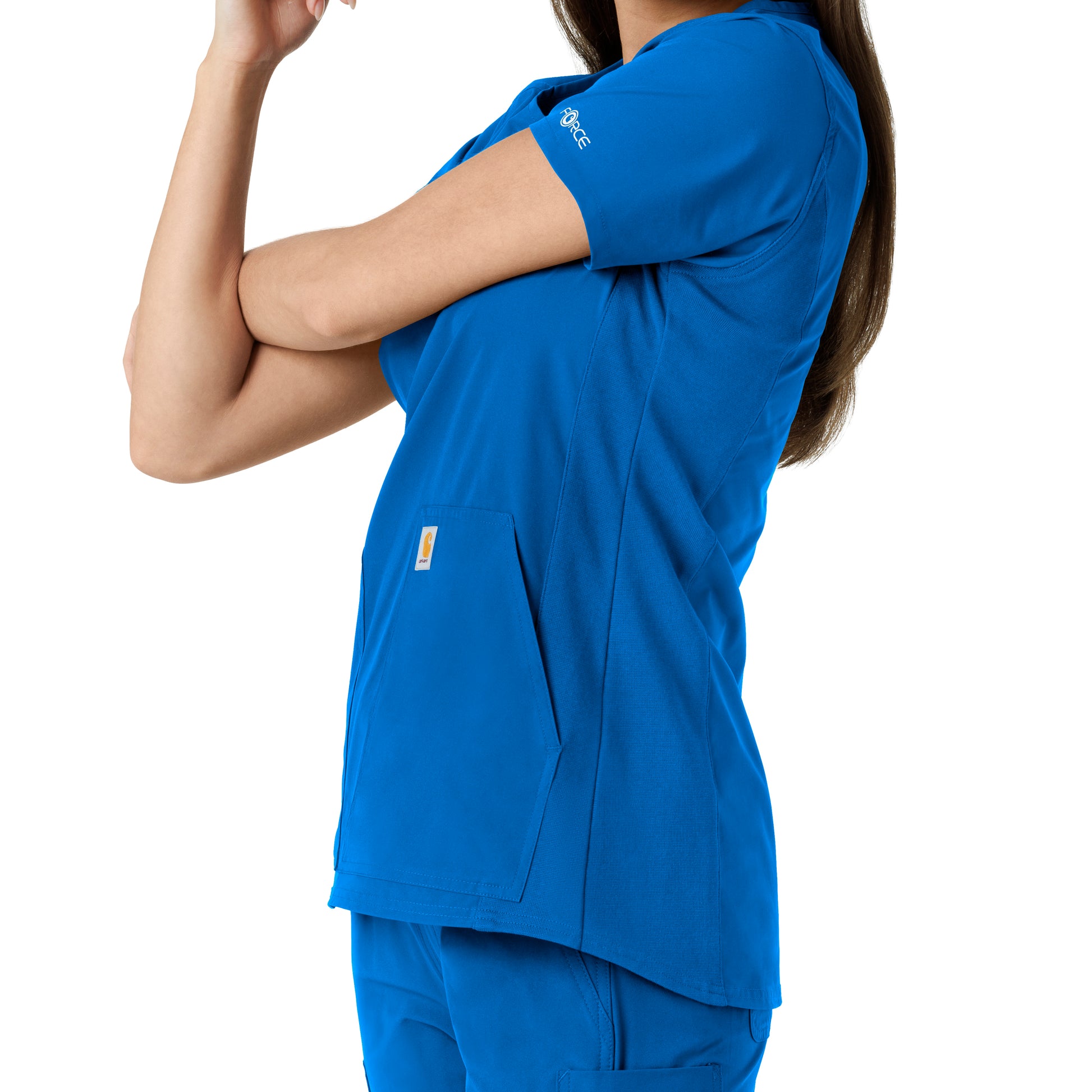 Force Essentials C12413 Notch Neck Tunic Knit Panel Scrub Top Royal Model Image Alternate | Carhartt