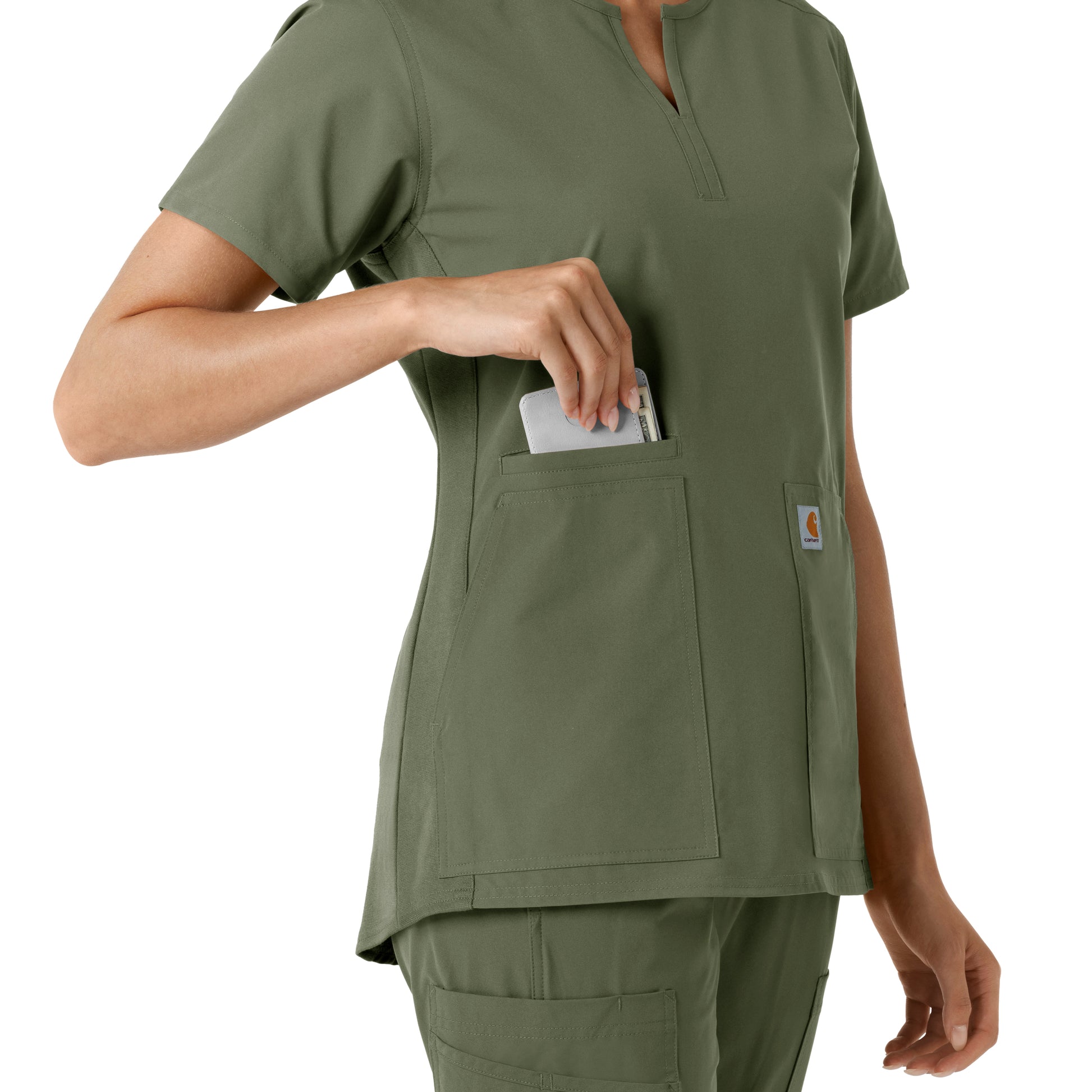 Force Essentials C12413 Notch Neck Tunic Knit Panel Scrub Top Olive Model Image Alternate | Carhartt