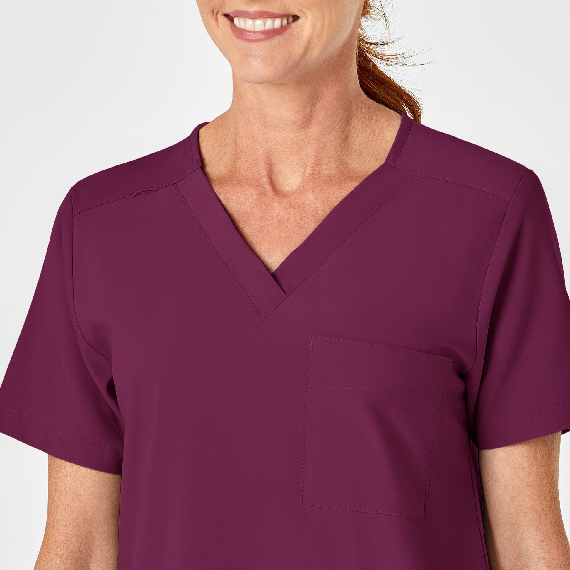 W123 6855 Unisex 4 Pocket Utility Scrub Top Wine Model Image Left Side | Wink